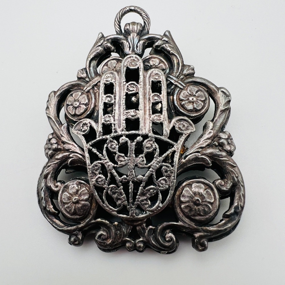 Vintage Camel Hamsa Hand Pendant Filigree‎ Floral Silver Tone Figural Statement